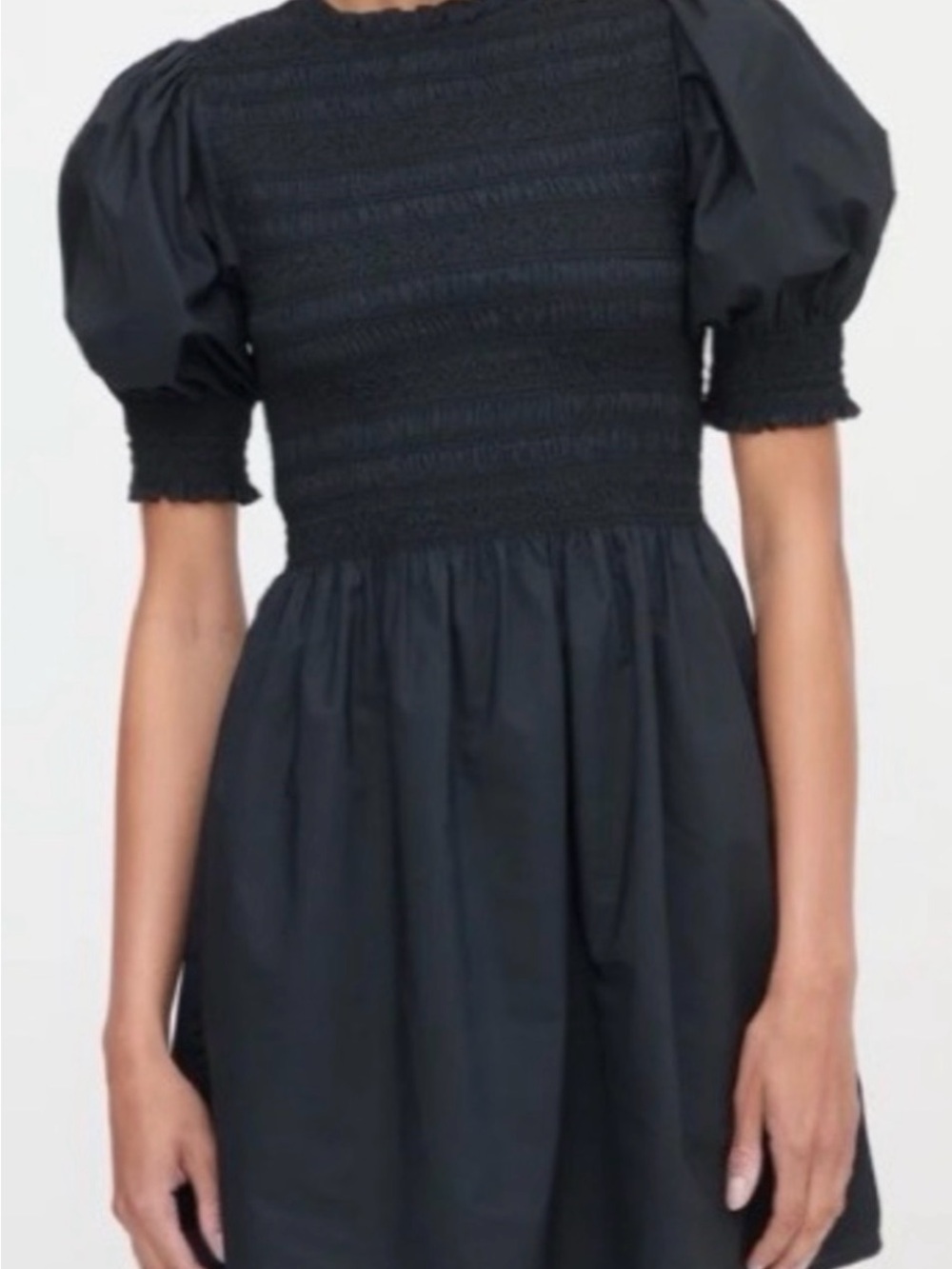 Hill House Black Smocked Puff-Sleeve Mini Dress
